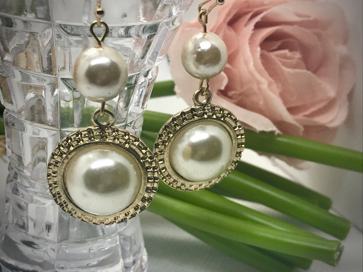 Handmade earrings with upcycled faux pearls