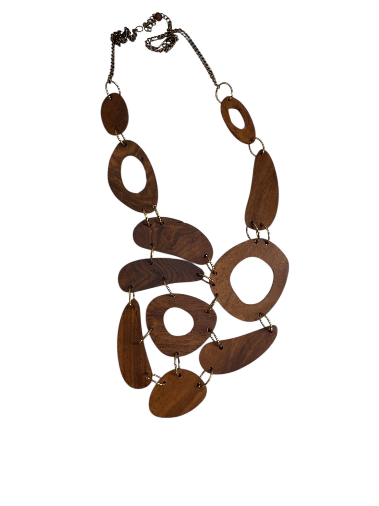 Vintage Wood Statement Necklace | Large Mixed Wood and Brass Tone Links | Boho Artisan Style Necklace | Chunky Wood Jewelry