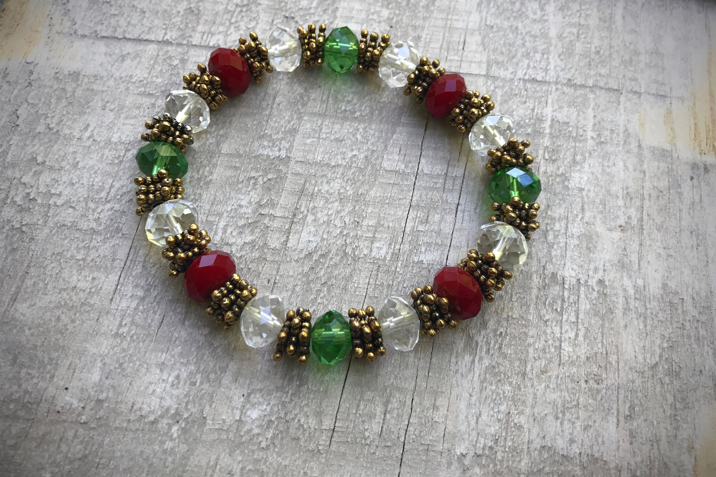 Red, green and clear crystal beaded shimmery vintage bracelet
