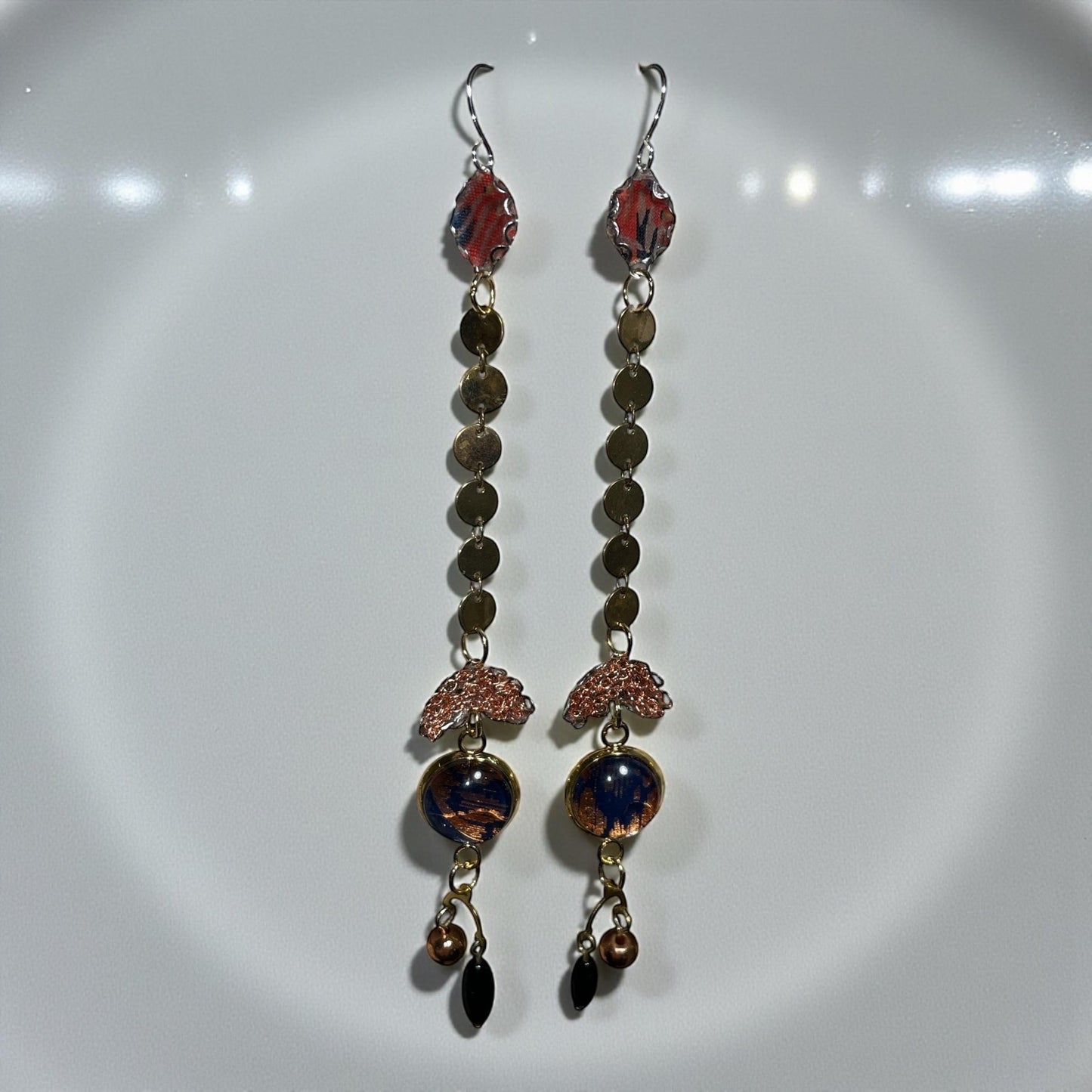 Handmade Long Boho Dangle Earrings – Mixed Metal & Fabric Statement Earrings, Artistic Drop Jewelry with Beads, Modern Design - "Red Sky"