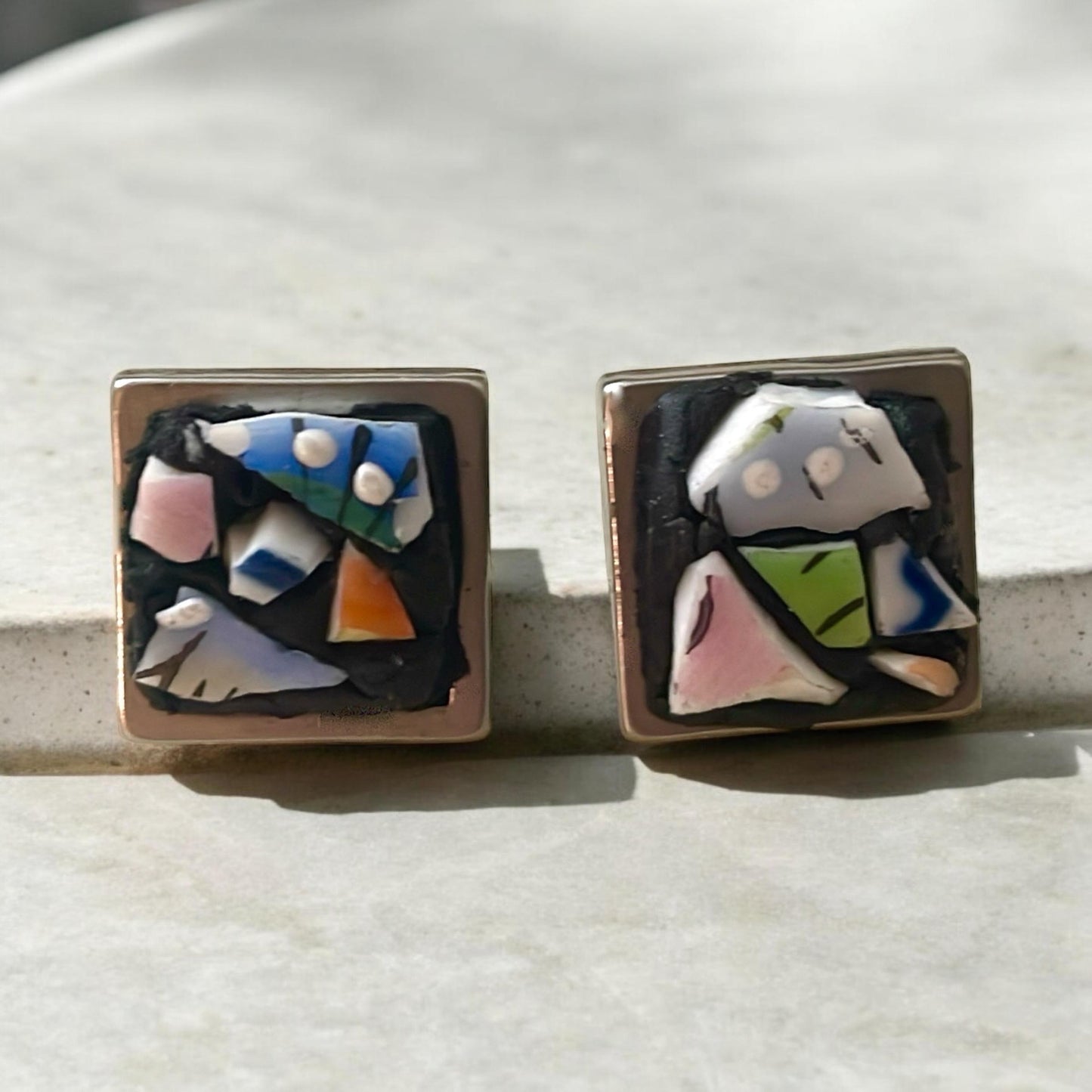 Mosaic tile abstract square stud earrings - 1/2"