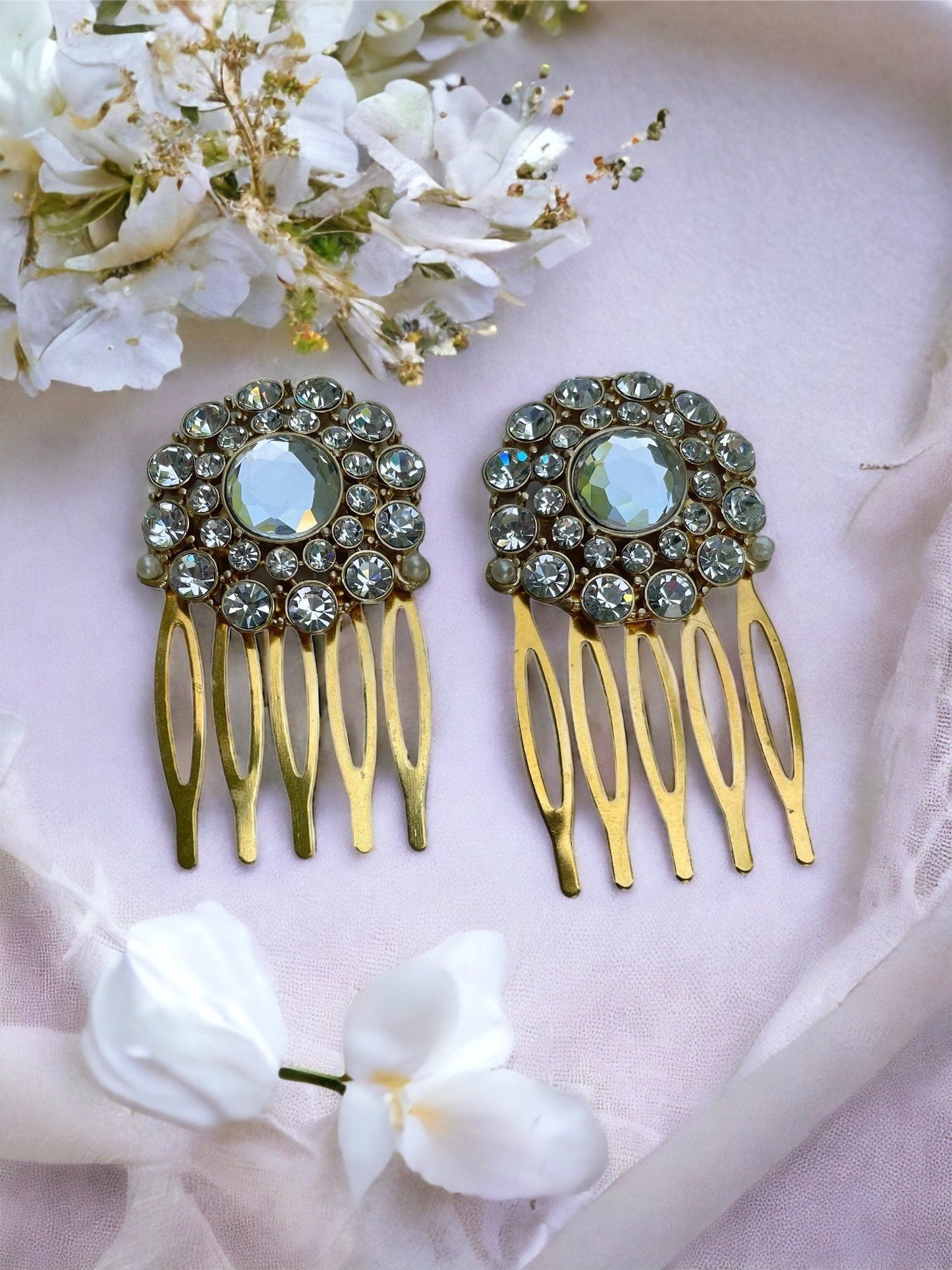 Pair of rhinestone hair combs or hair pins - all white rhinestones trimmed with tiny faux baby pearls