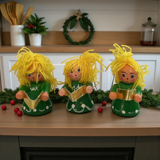 1978 Amico Santas Helpers - Set of 3 Vintage Wooden Angel Ornaments – Hand-Painted Angel girls with Yellow Yarn Hair
