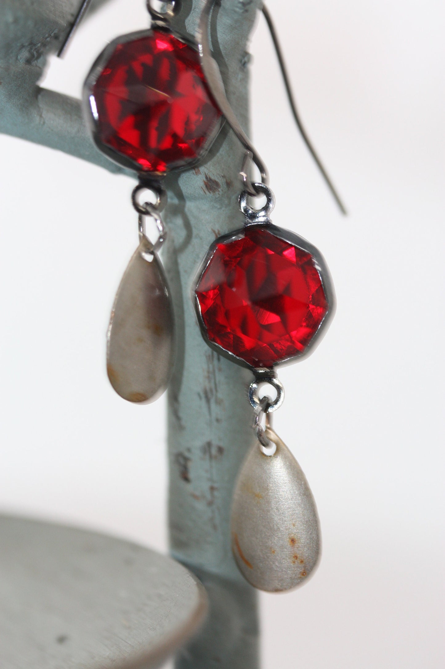 Faceted red glass earrings made of both new and vintage components