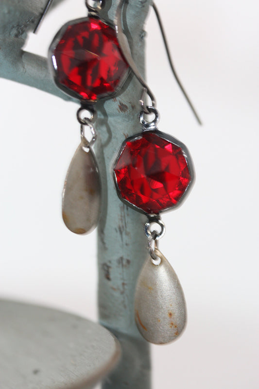 Faceted red glass earrings made of both new and vintage components