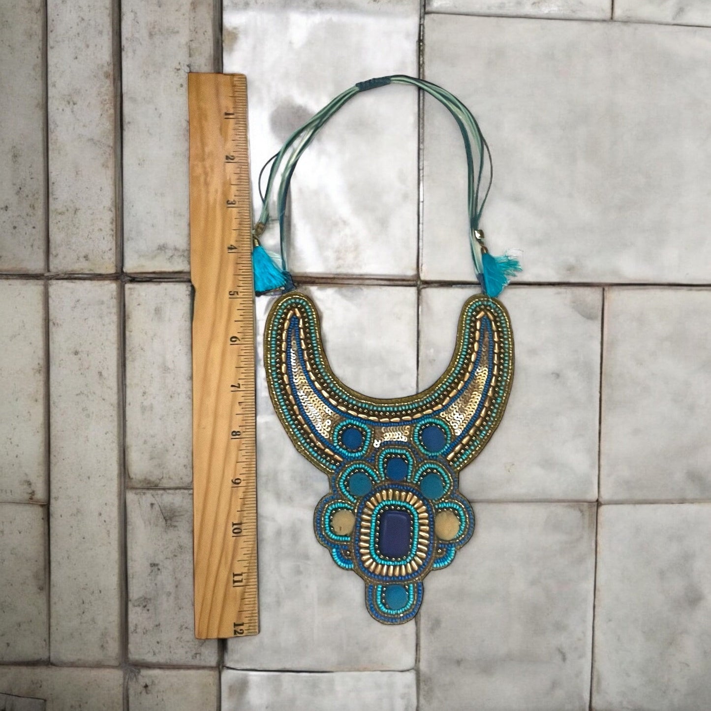 Stunning beadwork necklace - mixed materials with sequins, pom poms and beads - turquoise