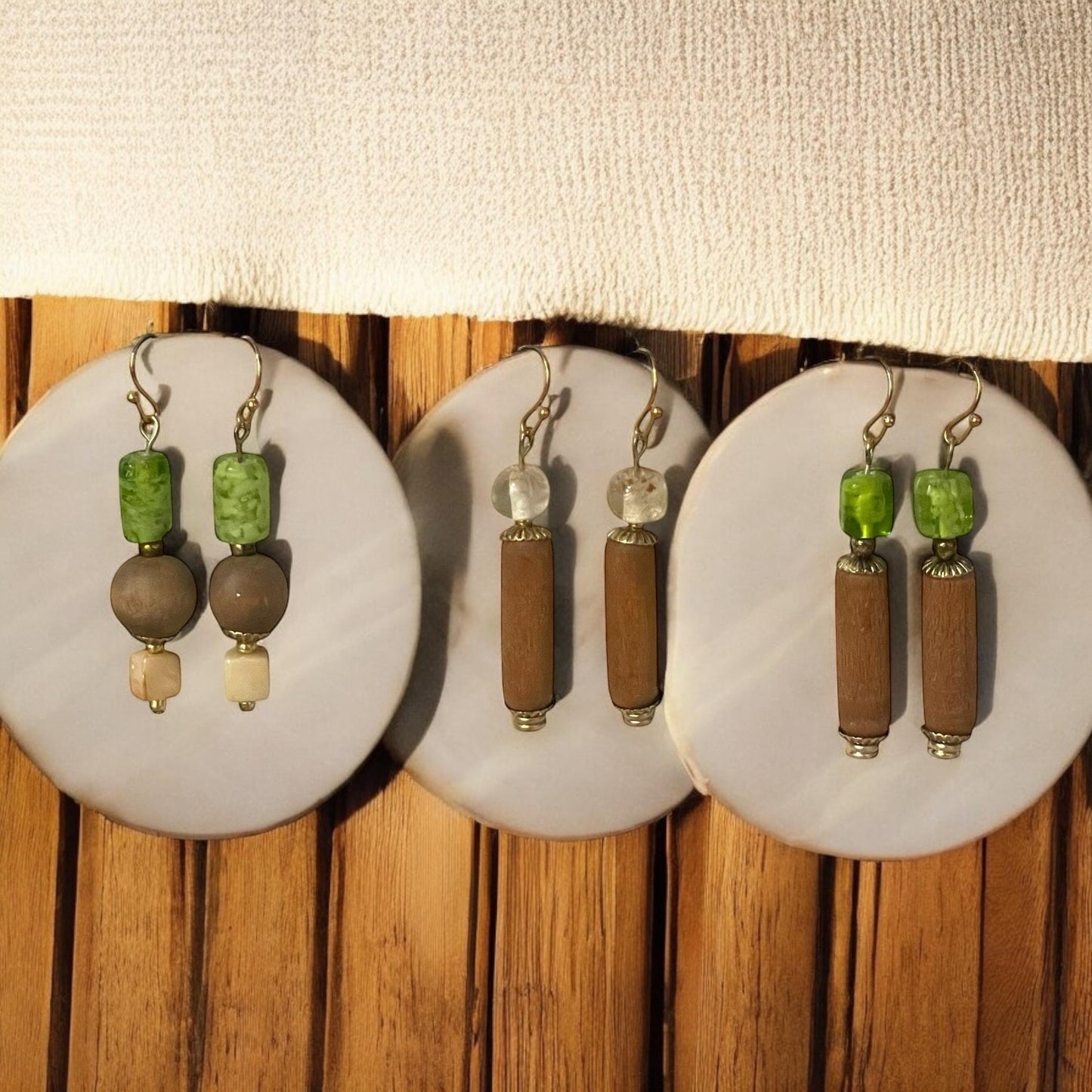 Handmade dangle earrings - lime green upcycled glass cubes with vintage wood tubes and metal elements, goldtone french ear wires