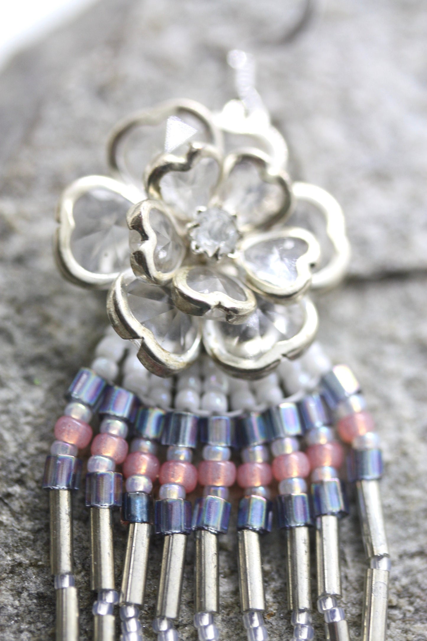 Hand beaded Native-American-Style stunning dangle beadwork earrings - with crystal flowers