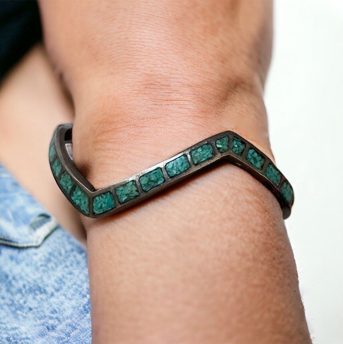 Sterling silver and inlaid turquoise vintage cuff bracelet - uniquely shaped