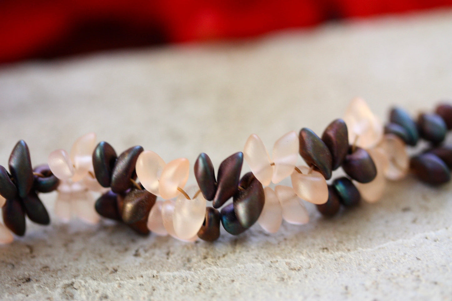 Stunning brown and pink leaf shaped glass bead handmade vintage bracelet