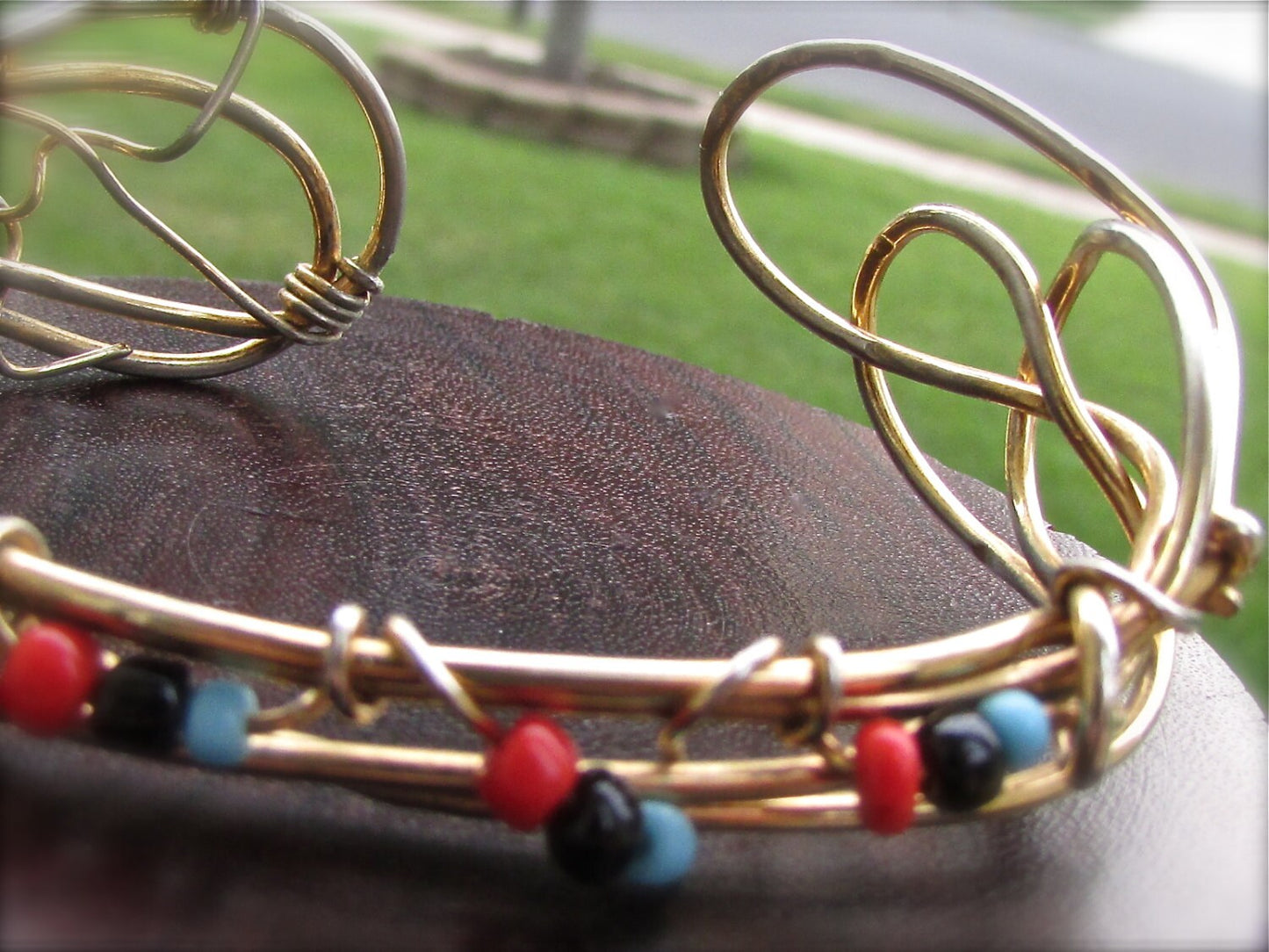 Unique vintage artisan cuff beaded wire bracelet - adjustable... one-size-fits-all