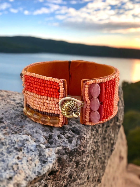 Stunning and unique vintage seed bead and mixed material vintage bracelet - shades of orange and brown - made by Sally C