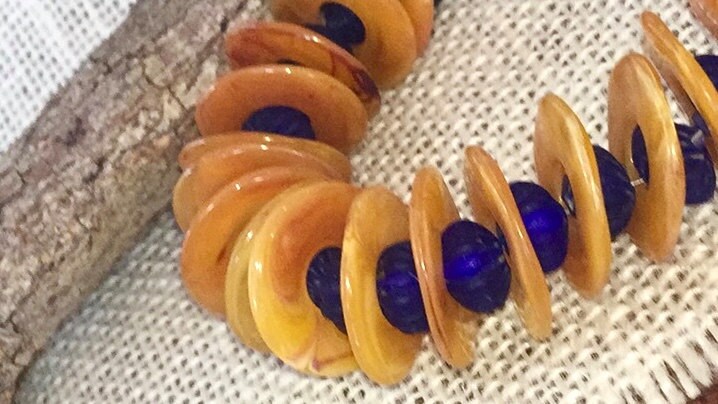 Unique vintage modern-style orange & blue chunky beaded bracelet - mixed materials