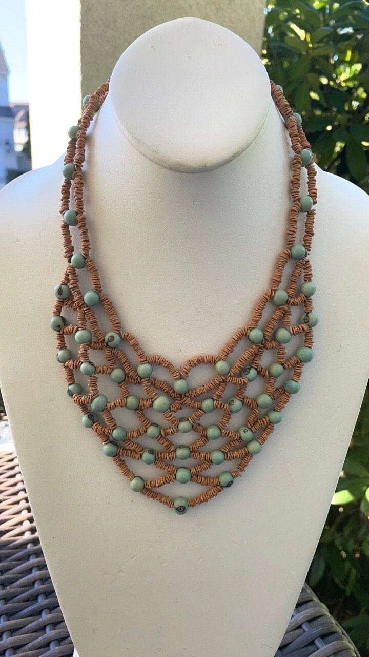 Unique vintage heishi bead and turquoise bead bib style necklace
