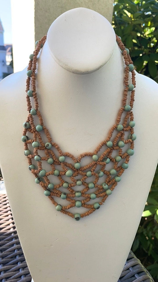 Unique vintage heishi bead and turquoise bead bib style necklace