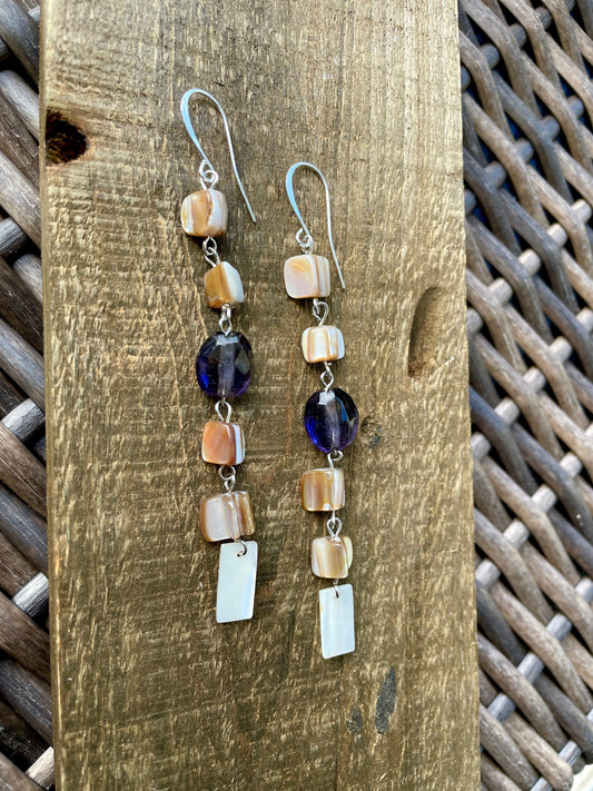 Mother of pearl shell nuggets and purple vintage amethyst colored faceted glass long dangle earrings