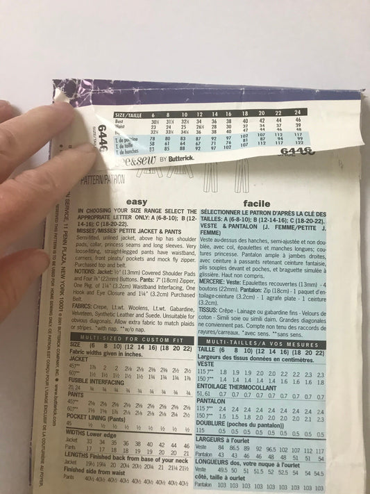 UNCUT Vintage Sewing Pattern - See & Sew Pattern, Jacket And Pants, Size B (12,14,16), #6446