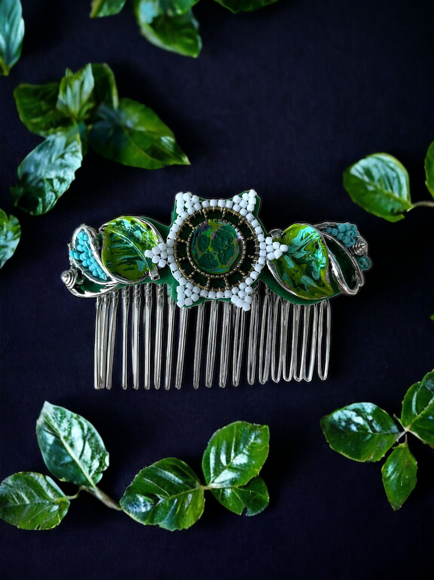 One-of-a-kind, hand made, nature inspired, mixed media metal hair comb