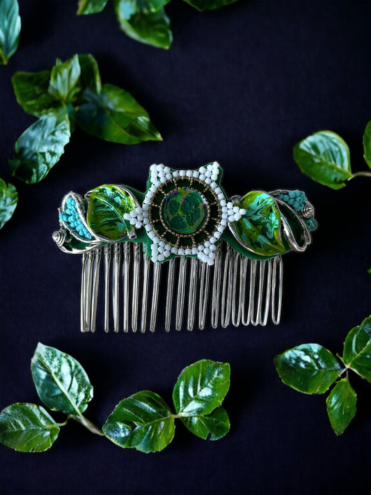One-of-a-kind, hand made, nature inspired, mixed media metal hair comb
