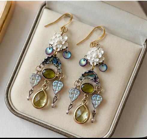 Handmade Vintage Rose Statement Earrings | Upcycled Goldtone Crystal, Iridescent Glass & Vintage Silk Earrings