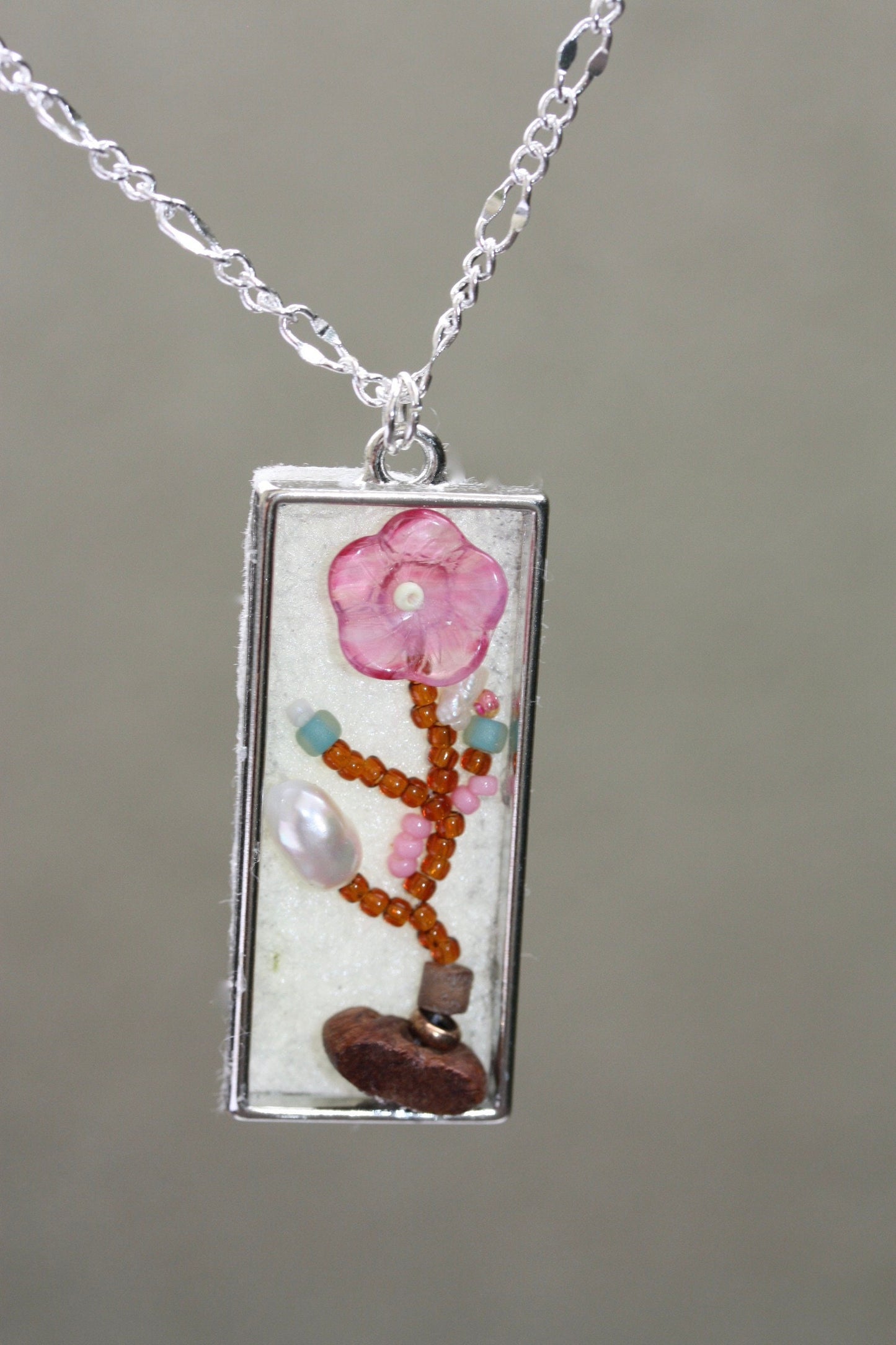 Asian inspired "painting" with beads - mixed material necklace - baroque pearl, glass, wood, metal
