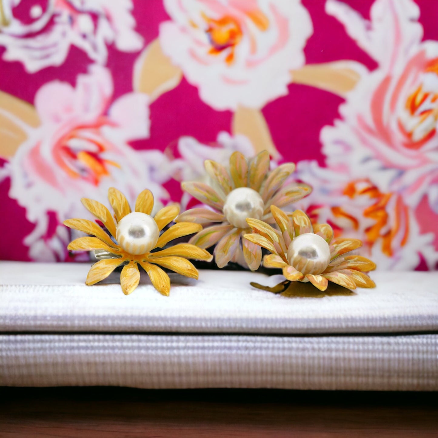 Handpainted vintage metal enamel daisy 3" flower hair clips with large faux pearl centers - or pin