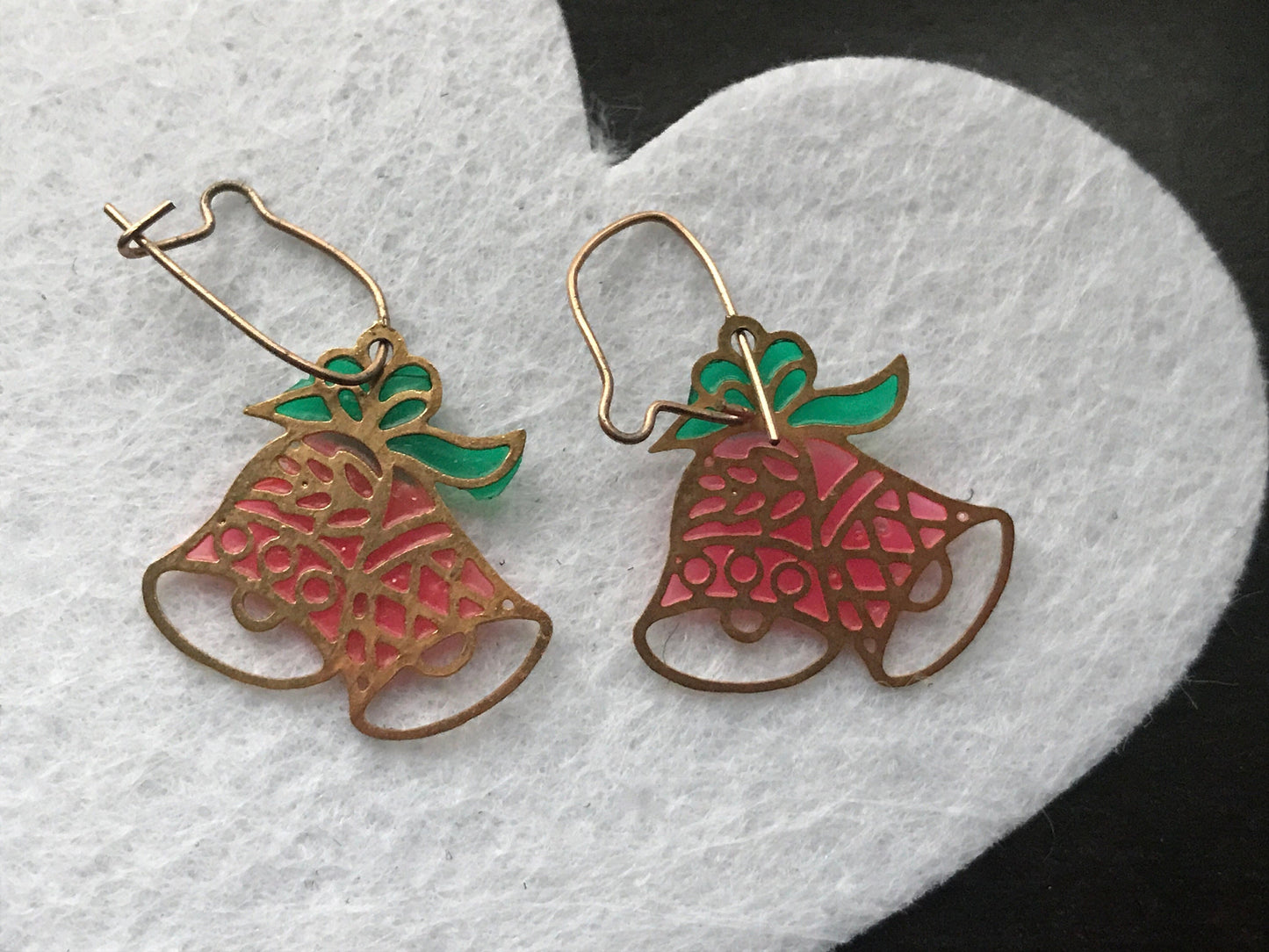 Unique vintage laser-cut metal jingle bell earrings - look like stained glass