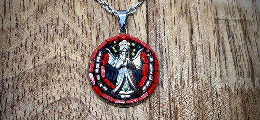 My handmade angel micro mosaic necklace with handcut glass and mixed materials