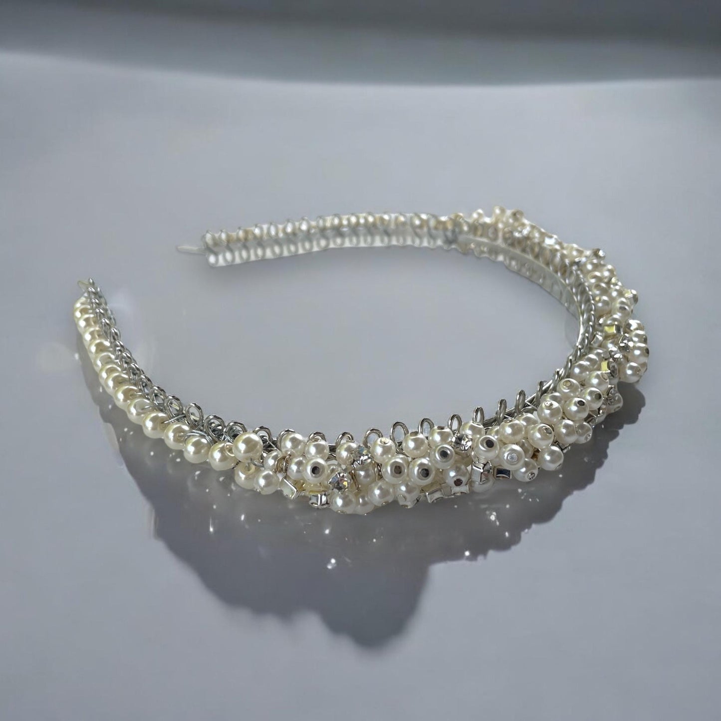 Handmade stunning head band for hair - with rhinestones and pearls on metal base - wedding, bride