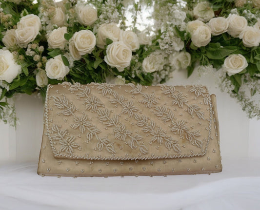 Vintage Beaded Purse – Cream Silk Lined Ivory Clutch for Wedding & Formal Events