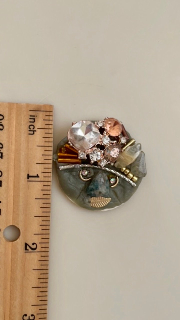 Meet "Jeannette" - Assemblage art / mixed media collage, mosaic - magnet, pin, necklace pendant or Christmas ornament