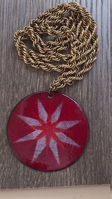 Unique mid century modern vintage enamel on copper necklace - red