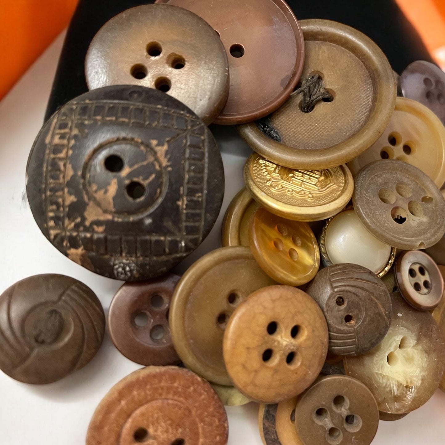 Buttons by the ounce - mystery lot of gold, brown, tan and cream vintage buttons - mixed sizes and materials - as found