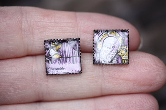 Tiny square stud earrings made from genuine vintage postage stamps - Osterreich Austria postage stamp 1983 purple, saint, Austria Monastery