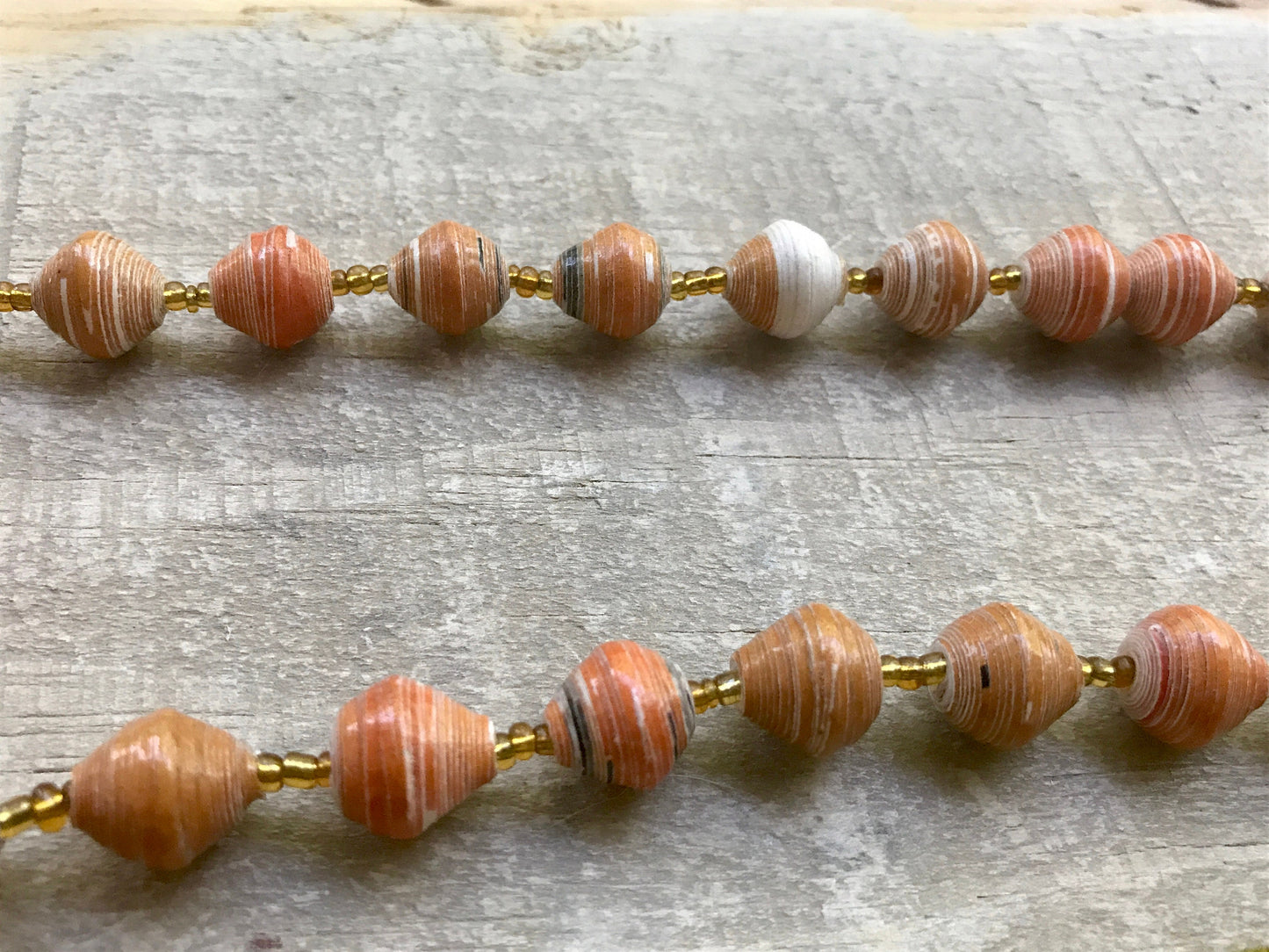 Unique orange vintage artisan necklace - beads look like porcelain but are actually made of rolled paper that's been painted & sealed