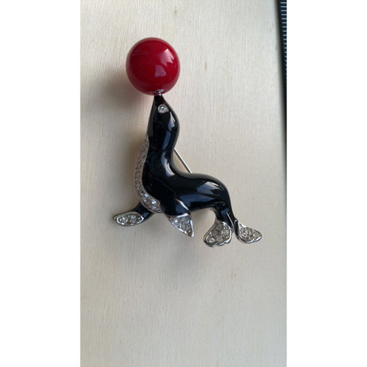 Stunning Vintage Kenneth Jay Lane (KJL) Figural Seal Brooch Black Enamel with Rhinestones and red ball