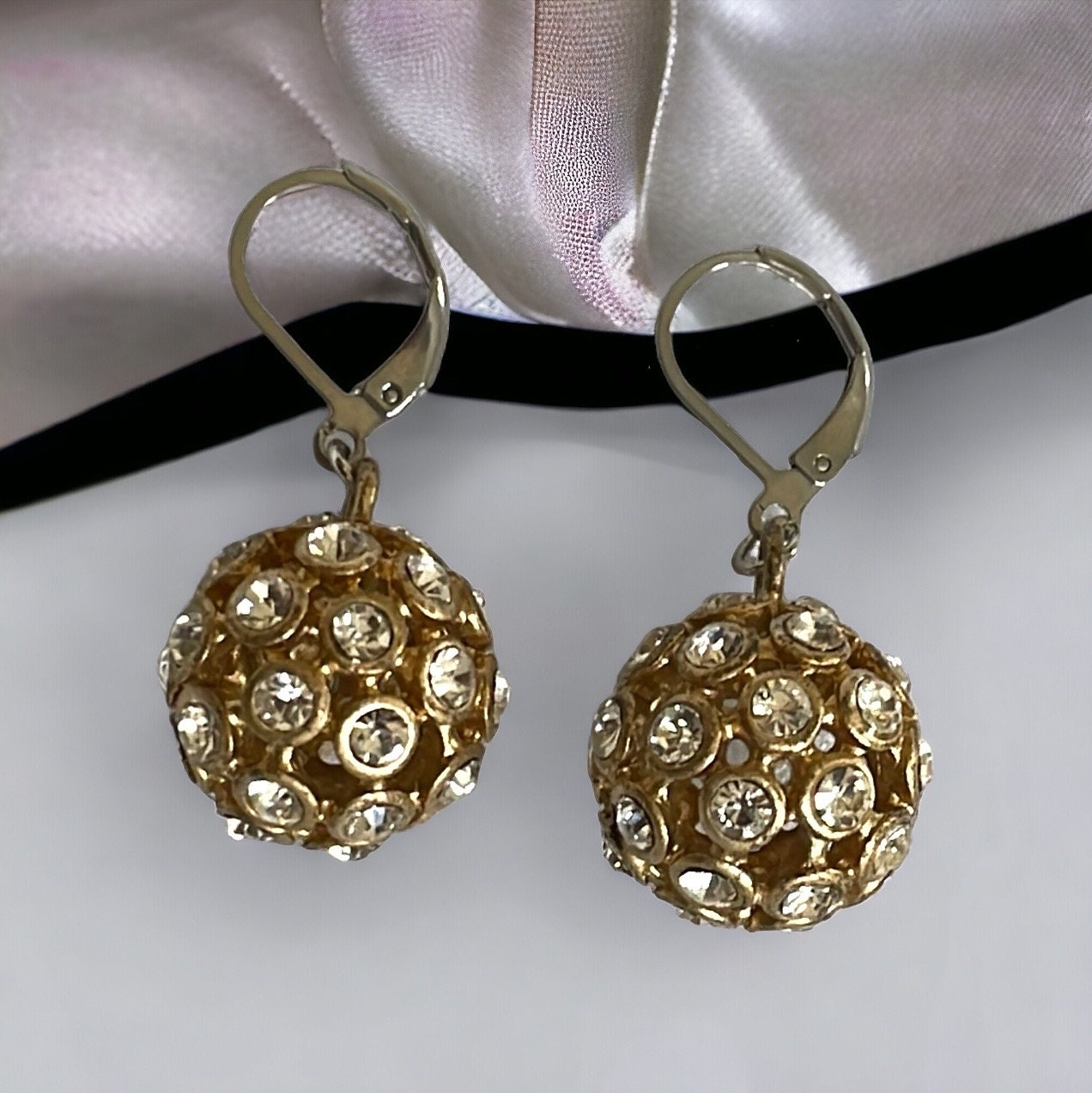 Inlaid rhinestone studded gold ball earrings