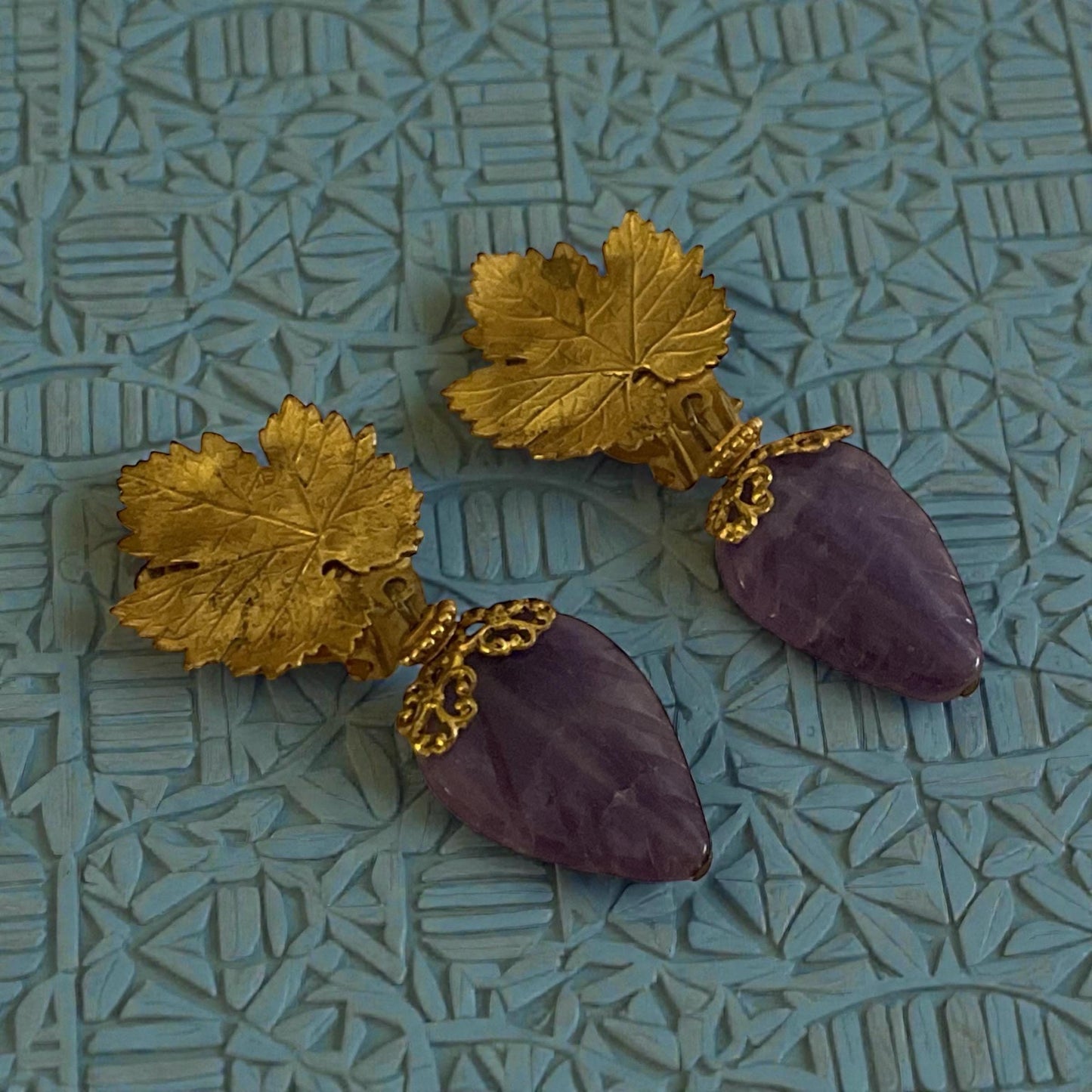 Vintage Goldtone Leaves Clip On Earrings with Carved Amethyst Drops | Retro Statement Jewelry