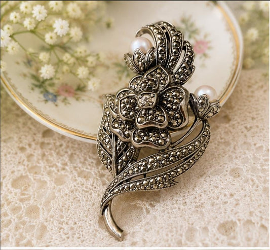Vintage Floral Brooch KJL For Avon Silver Tone Faux Pearl Rhinestone Pin