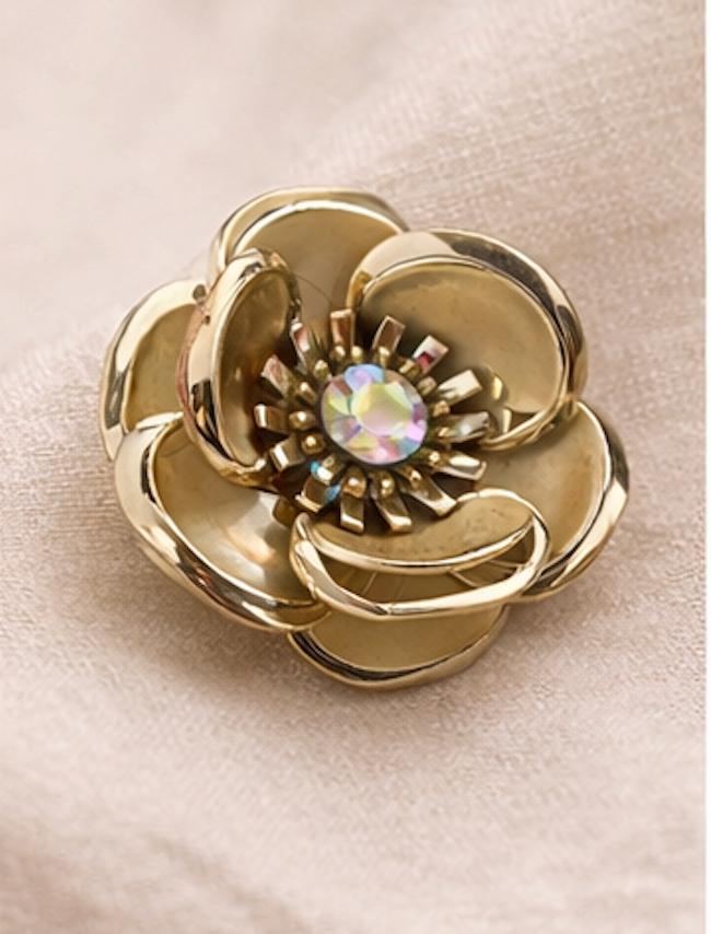 Vintage Gold Flower Clip-On Earrings with Aurora Borealis Rhinestone Centers