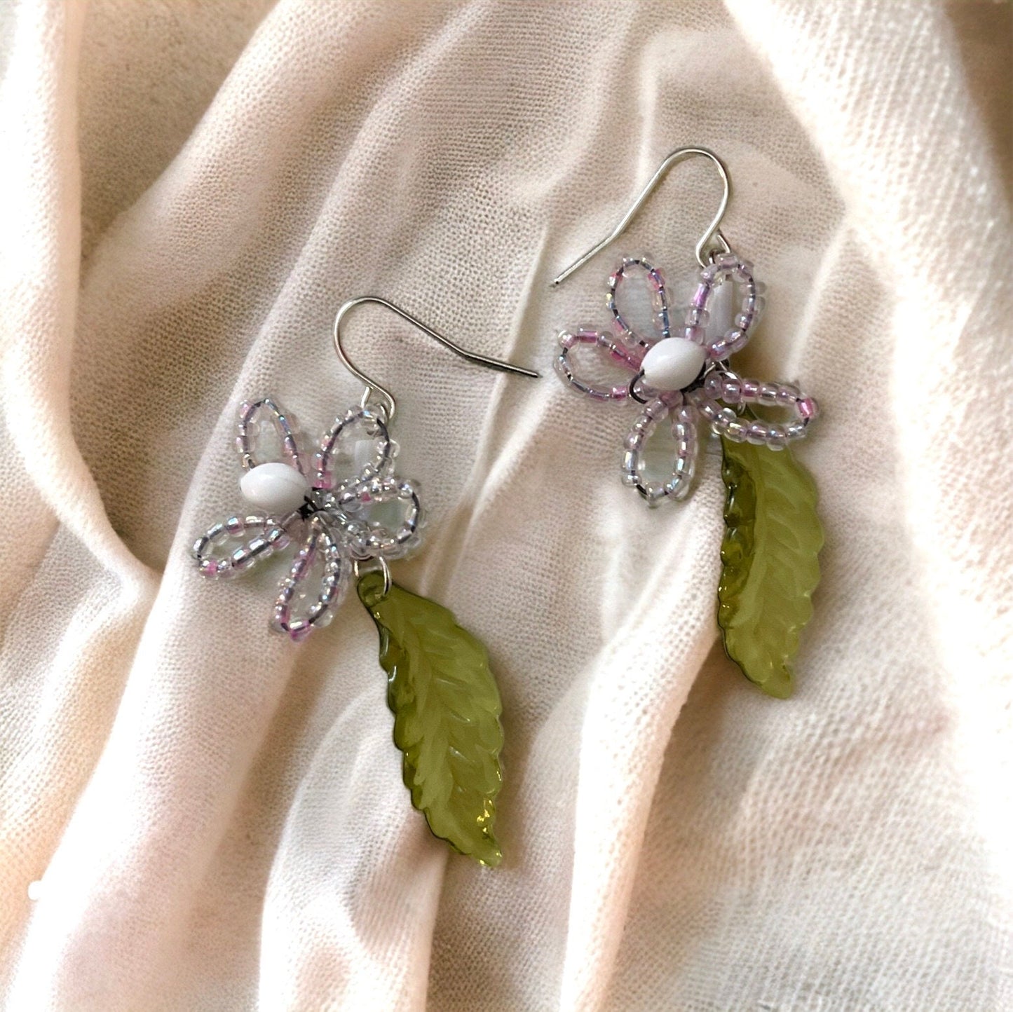 French beaded flowers with glass leaves dangle earrings