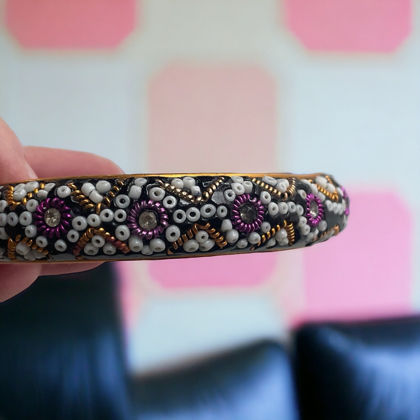 Vintage glittery, sparkly, beaded bangle bracelet - purple, white, gold