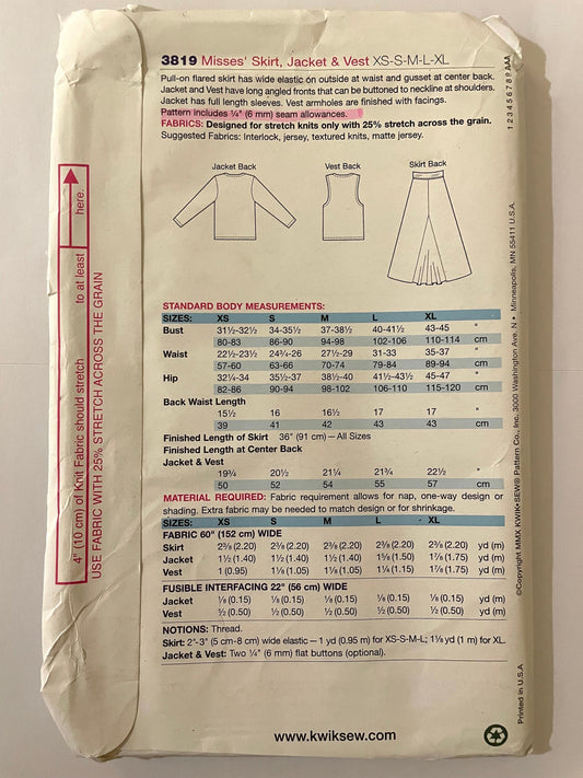 UNCUT Sewing Pattern - Kwik Sew 3819 Misses' Skirt, Jacket & Vest Sizes XS-S-M-L-XL - good for stretch knits