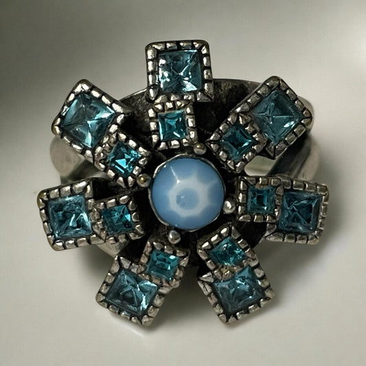Stunning vintage blue studded "starburst" ring - Size 7 - please read description