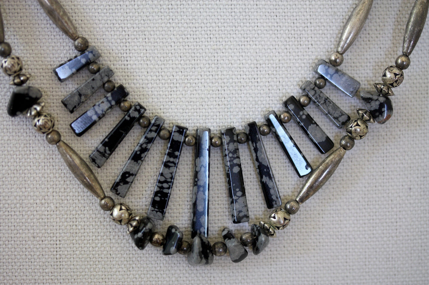 Stunning silver beaded snowflake obsidian double-stranded vintage artisan necklace