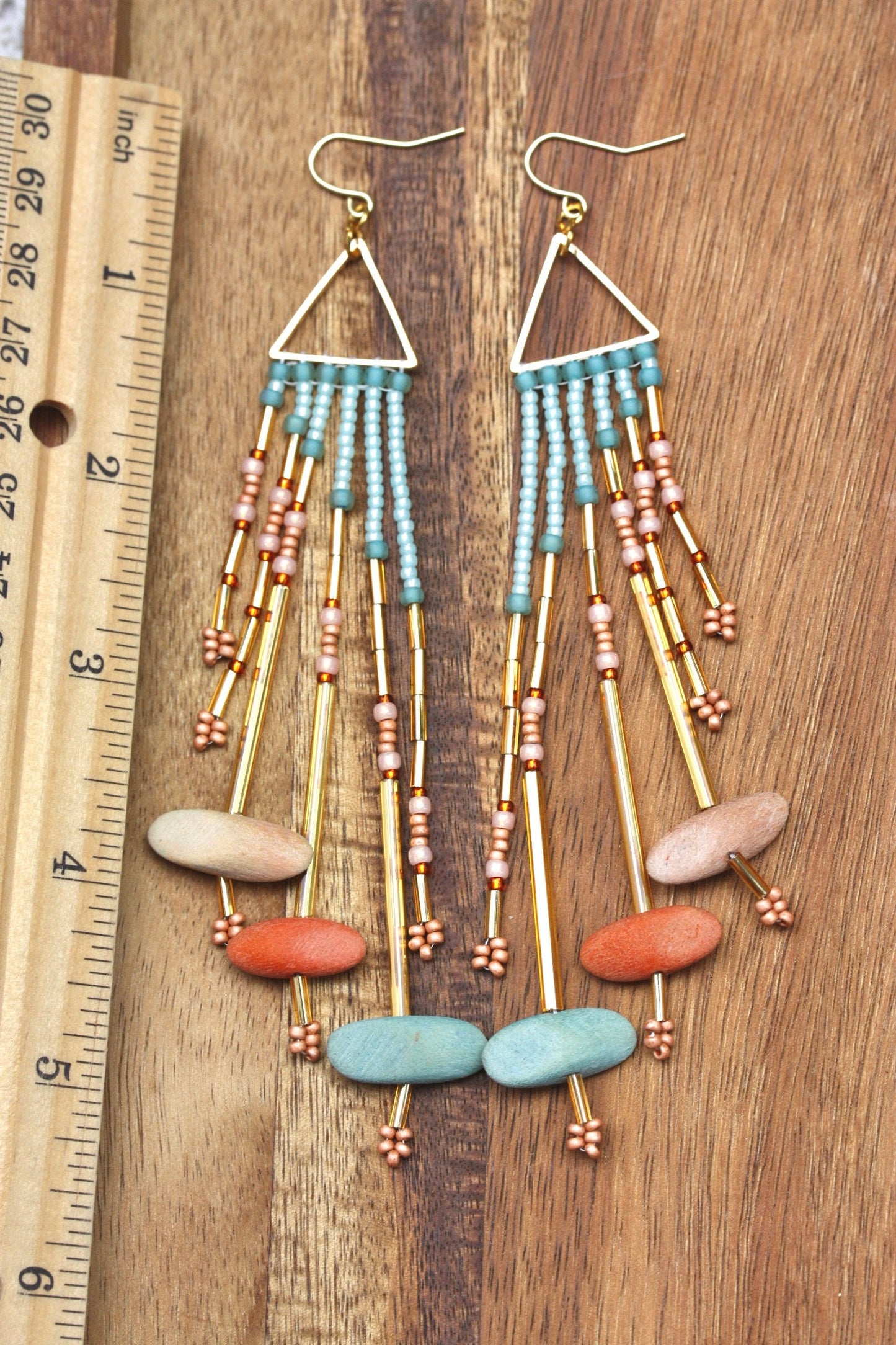 Hand beaded stunning dangle long statement beadwork earrings - glass, metal and colored drift wood