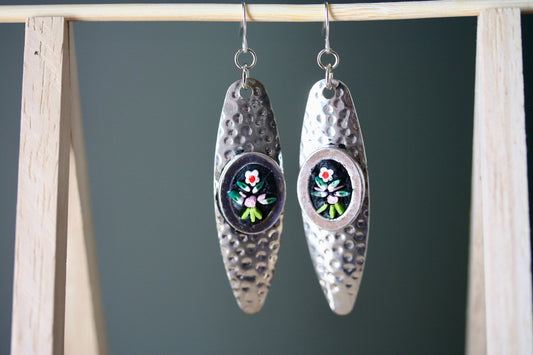 My handmade inlaid micro-mosaic on upcycled vintage hammered metal earrings - with sterling silver ear wires