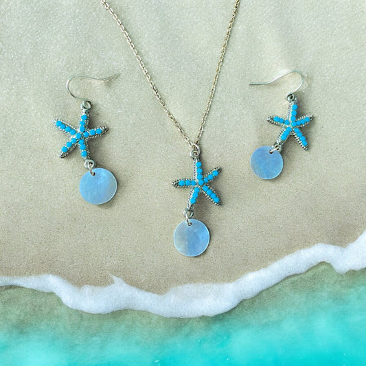 Stunning blue beaded starfish and mother of pearl necklace and earring set