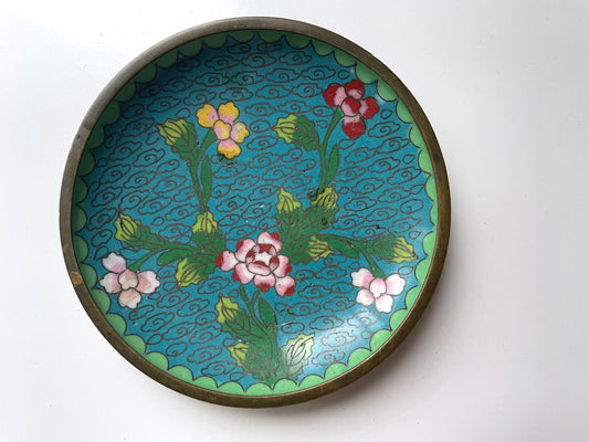 Vintage Asian Cloisonne enamel over copper ring dish, catch all dish - 3 & 3/4" - turquoise floral