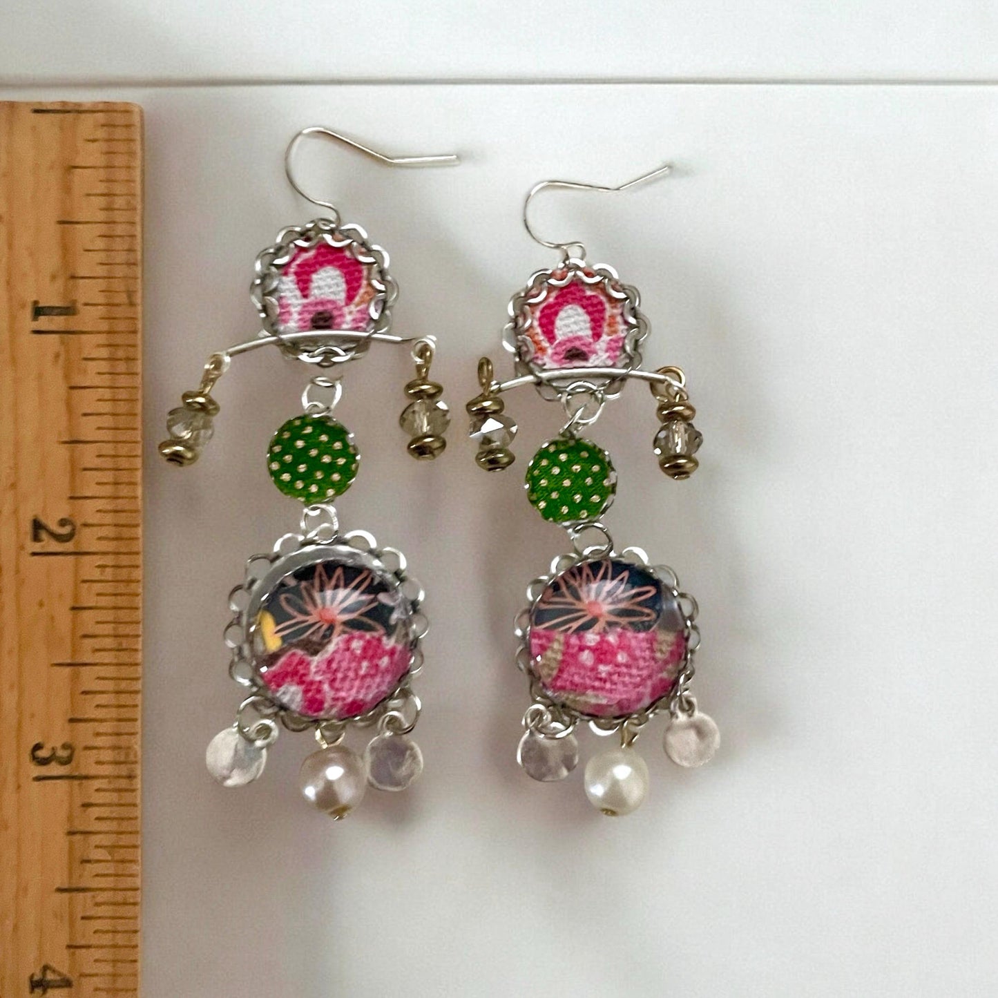 Handmade mixed media earrings made with fabric, paper, hammered metal, mixed metals, crystals and faux pearls.  Sterling ear wires.